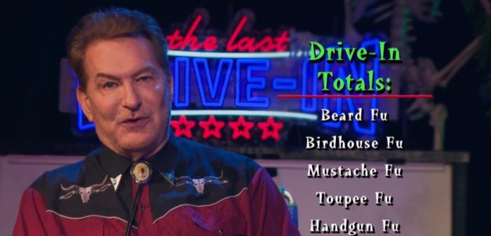 Joe Bob listing off the Drive-In Totals for The Stepfather