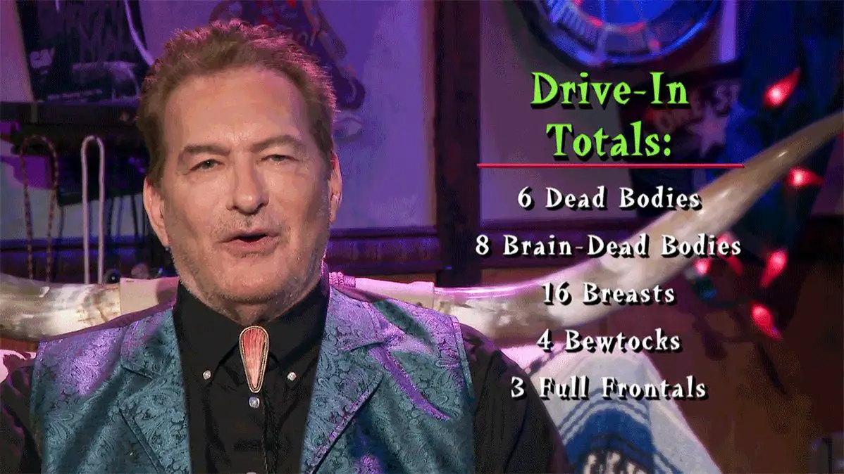 Joe Bob listing the Drive-In Totals for Head of the Family