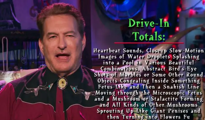 Joe Bob listing the Drive-In Totals for The Freakmaker