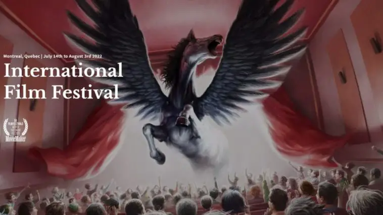 A pegasus rides off the movie theater screen into the audience in the promotional image of Fantasia International Film Festival 2022