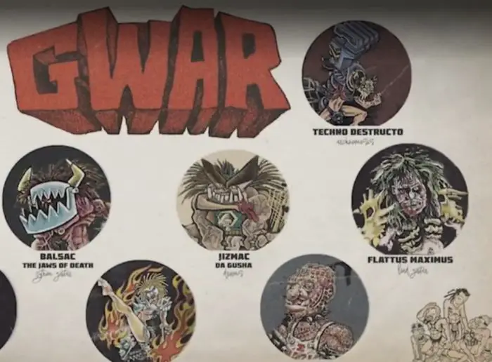 Comic book style character chart featuring members of Gwar as their alien barbarian characters