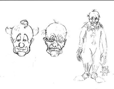 IT special effects makeup artist Bart Mixon's early pencil sketches of Pennywise. One normal Pennywise head, one Pennywise head disfigured and a third with full body disfigured.