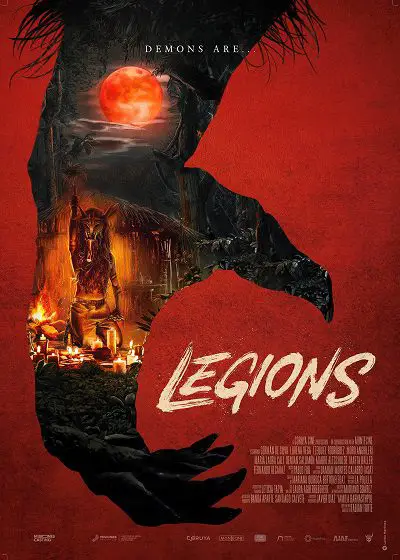 The Legions poster is red with images of the blood red moon and cultural magic displayed in the outline of a creature's hand