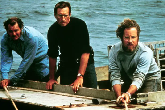 From left: Robert Shaw, Roy Scheider, and Richard Dreyfus as Quint, Brody, and Hooper in Jaws (1975).