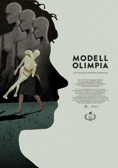 The poster for Modell Olimpia shows the silhouette of a head and a woman carrying a mannequin inside