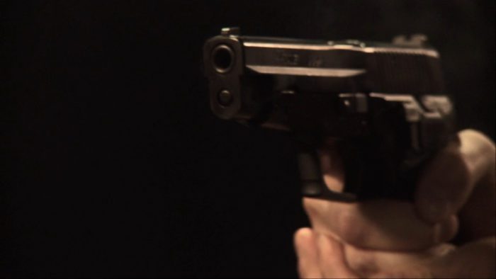 A close up of a gun