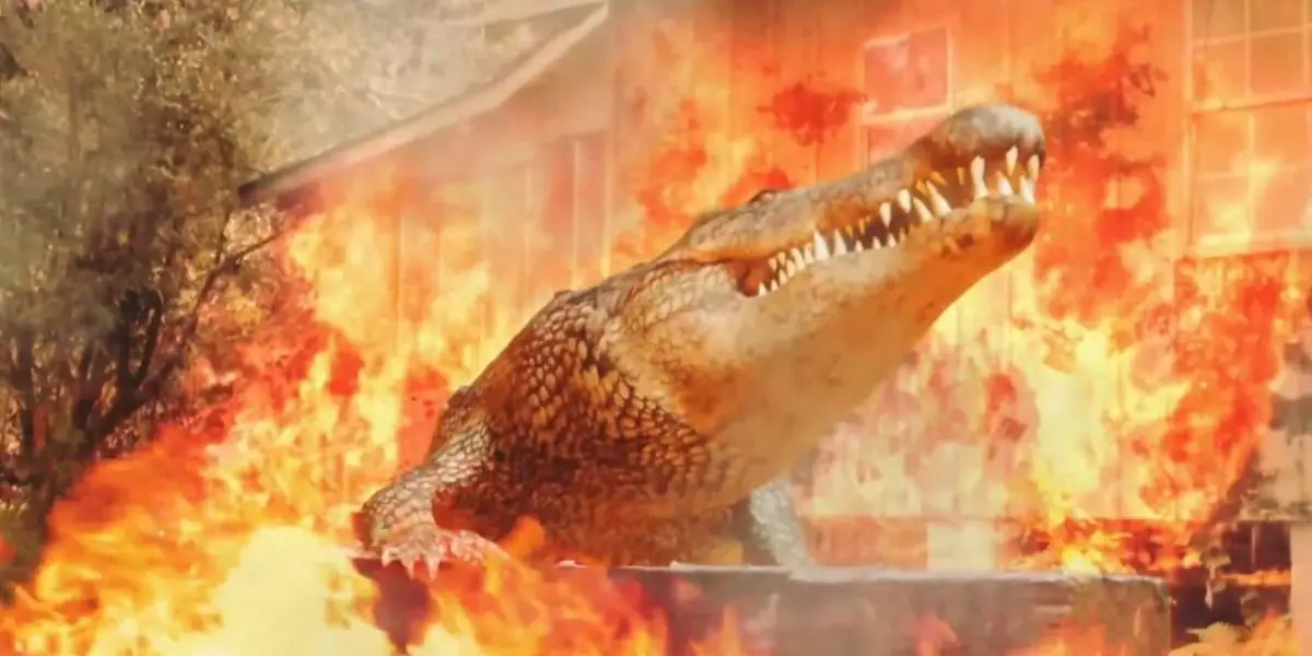 A gigantic alligator stomping through a cloud of flames