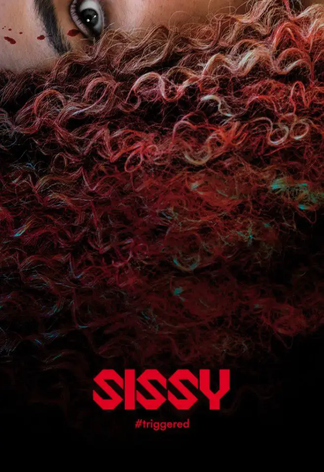 The poster for Sissy shows Cecilia's pink hair and a corner of her face with bloody specks on it