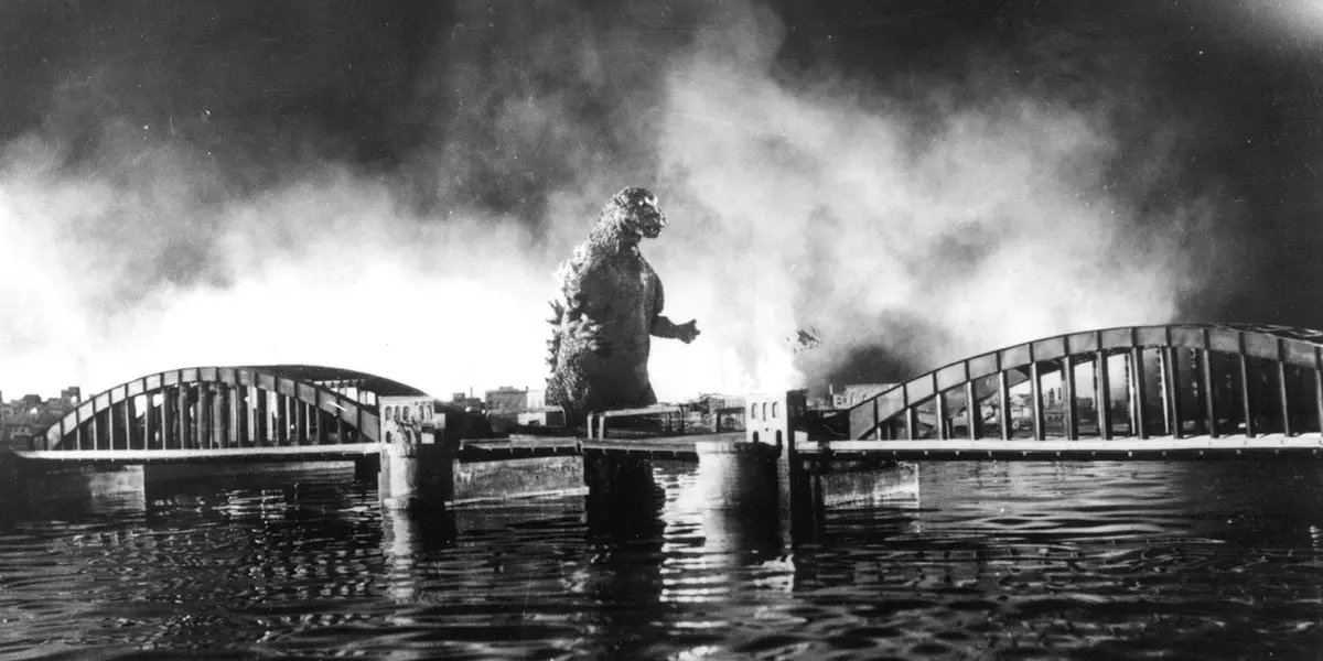 Godzilla ravaging a city in the original film.