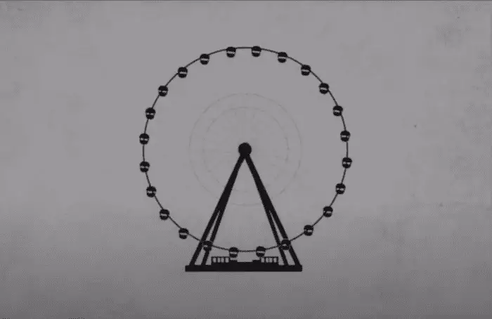 a simplistic drawing of a Ferris wheel, black against a white screen