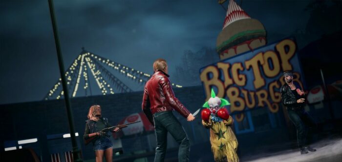 Humans encounter a Killer Klown in boxing gloves outside of the Big Top