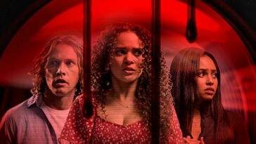 Drew, Hannah, and Lexi are shown in a red dome with blood dripping down.