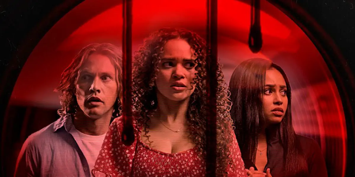 Drew, Hannah, and Lexi are shown in a red dome with blood dripping down.