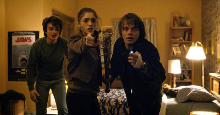 Steve, Nancy, and Jonathan aiming weapons at the Demogorgon in the Season 1 finale