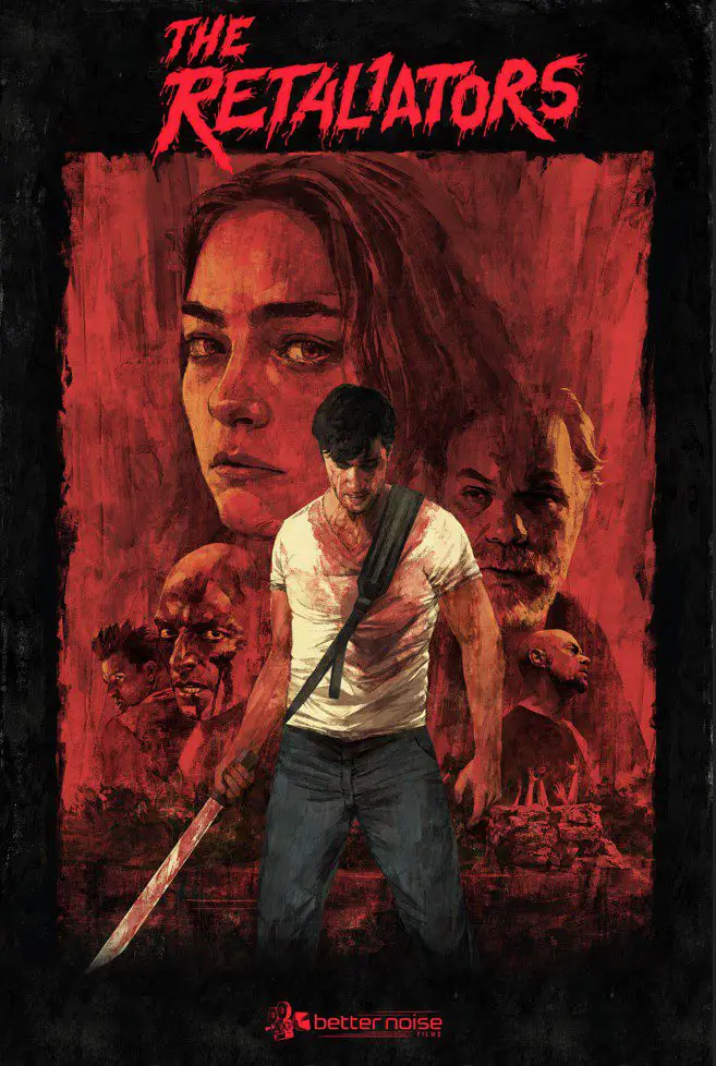 The poster for The Retaliators shows Bishop carrying a blood stained machete and the faces of other characters in the background