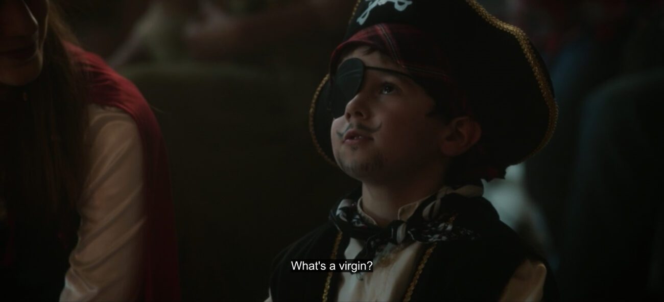 A child in a pirate Halloween costume asks, "What's a virgin?", in the film, "Hocus Pocus 2" (2022).