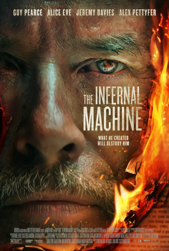 The poster for The Infernal Machine shows the pages of a book burning away to reveal Guy Pearce's face