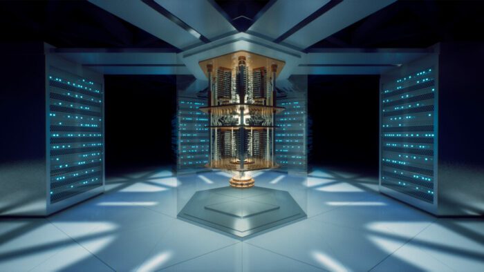 a symmetric room of bookcase servers with a golden machine in the center of it in The Gap