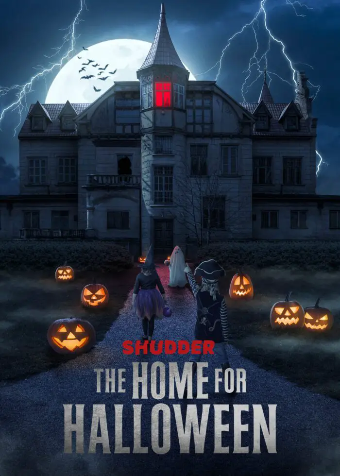 Shudder Home for Halloween poster shows jack o' lanterns surrounding a large, ominous house with a red light in the top floor window