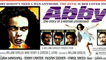 The promotional poster for Abby. It shows Carol Speed in her full demonic stage of the main character, alonsgide block pictures of her co-stars, William H. Marshall, Terry Carter, and Austin Stoker.