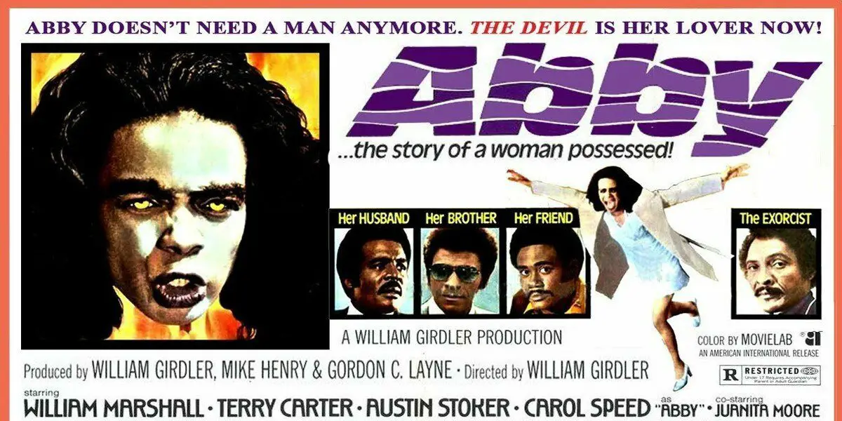 The promotional poster for Abby. It shows Carol Speed in her full demonic stage of the main character, alonsgide block pictures of her co-stars, William H. Marshall, Terry Carter, and Austin Stoker.