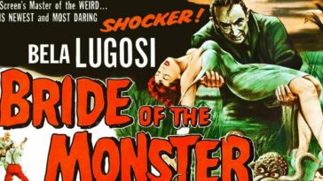Bride of the Monster promotional poster, showing Bella Lugosi carrying off a damsel in distress in all it's gaudy color