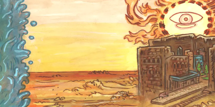 Artwork depicting the city of Pareildas and the ominous sun