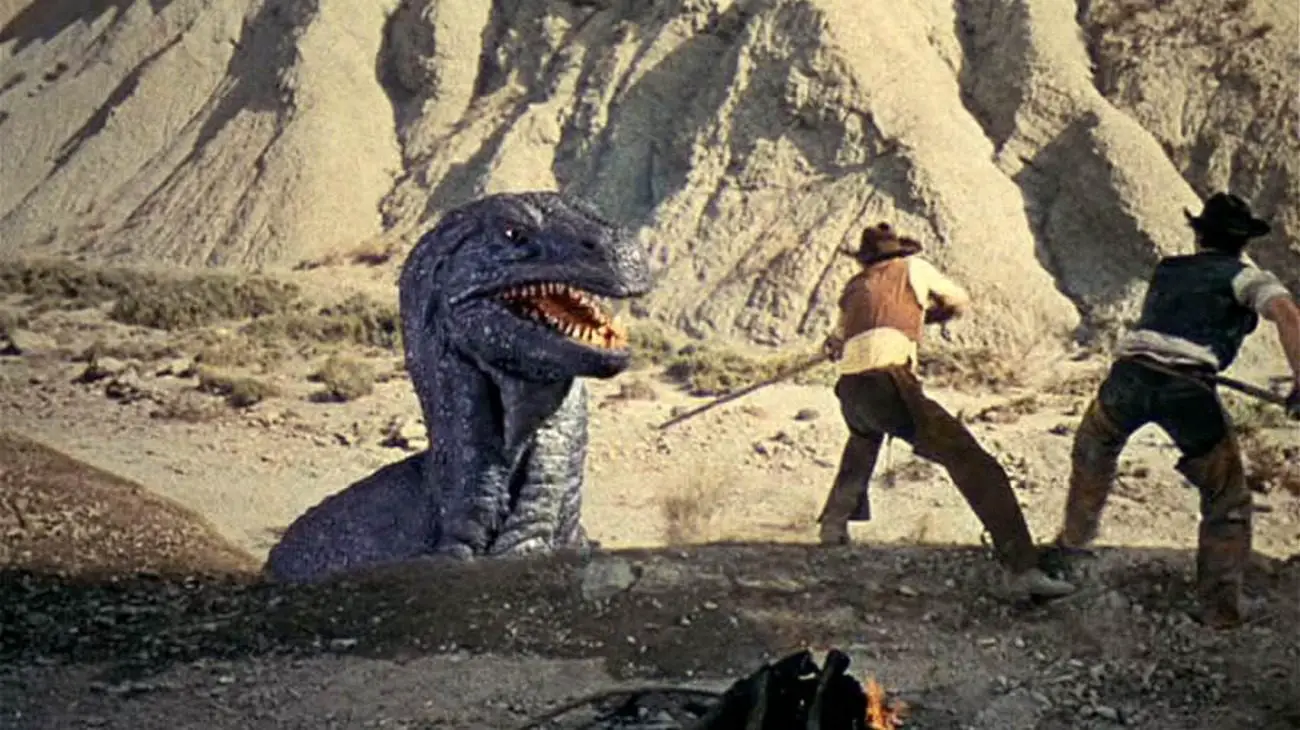 A person fending off a dinosaur