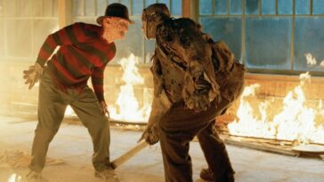 Freddy and Jason in a burning cabin