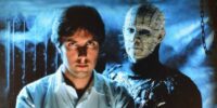 Clive Barker and Doug Bradley in full Pinhead makeup on the set of Hellraiser.
