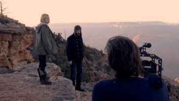 Jacob Gentry (writer, director and cinematographer) with Brea Grant and AJ Bowen on the set of Night Sky in the Grand Canyon