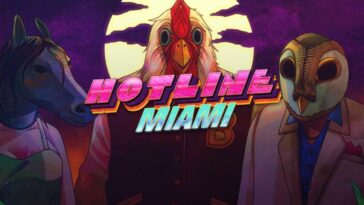 Cover art for Hotline Miami shows three people dressed in animal masks against a moon lit background with the title in the front