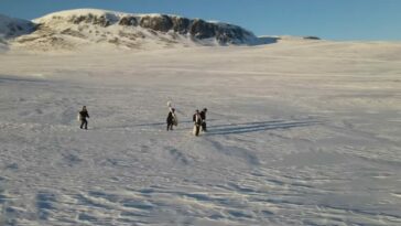 People walking in snowy mountains
