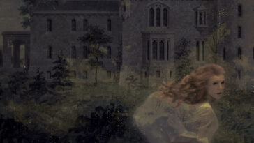 The cover of Janz's book. A woman in a white dress runs away. A castle looms in the background.