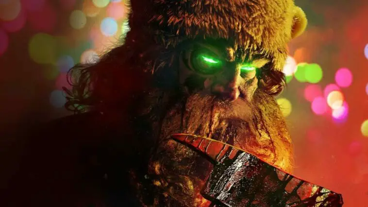 A Santa with glowing green eyes holds a blood dripping ax