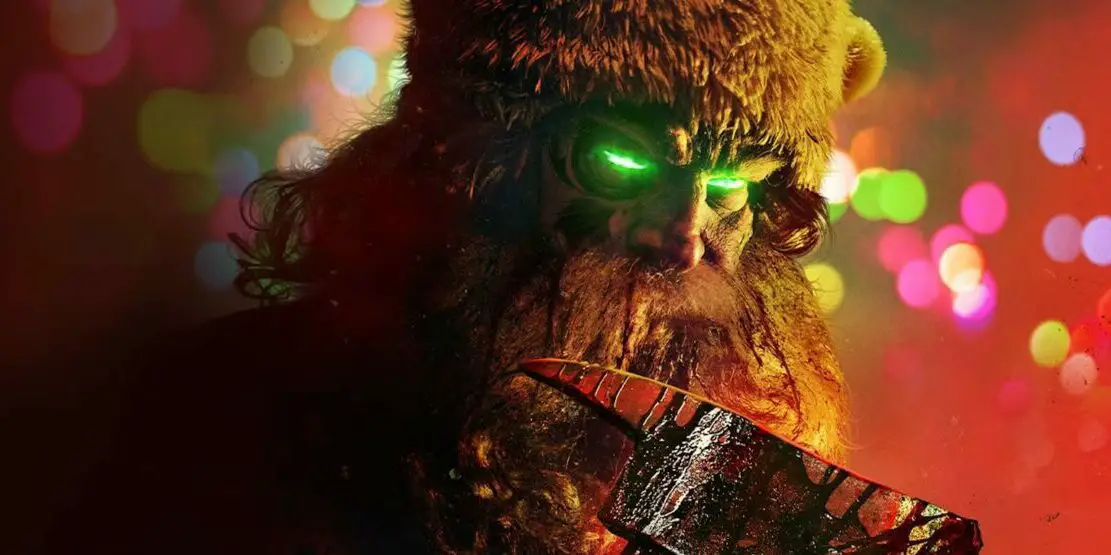 A Santa with glowing green eyes holds a blood dripping ax
