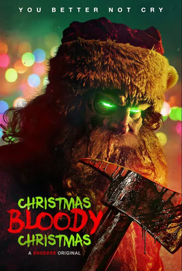 A Santa with glowing green eyes holds a blood dripping ax