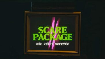 The retro stylized title of Scare Package 2 plays on a small TV
