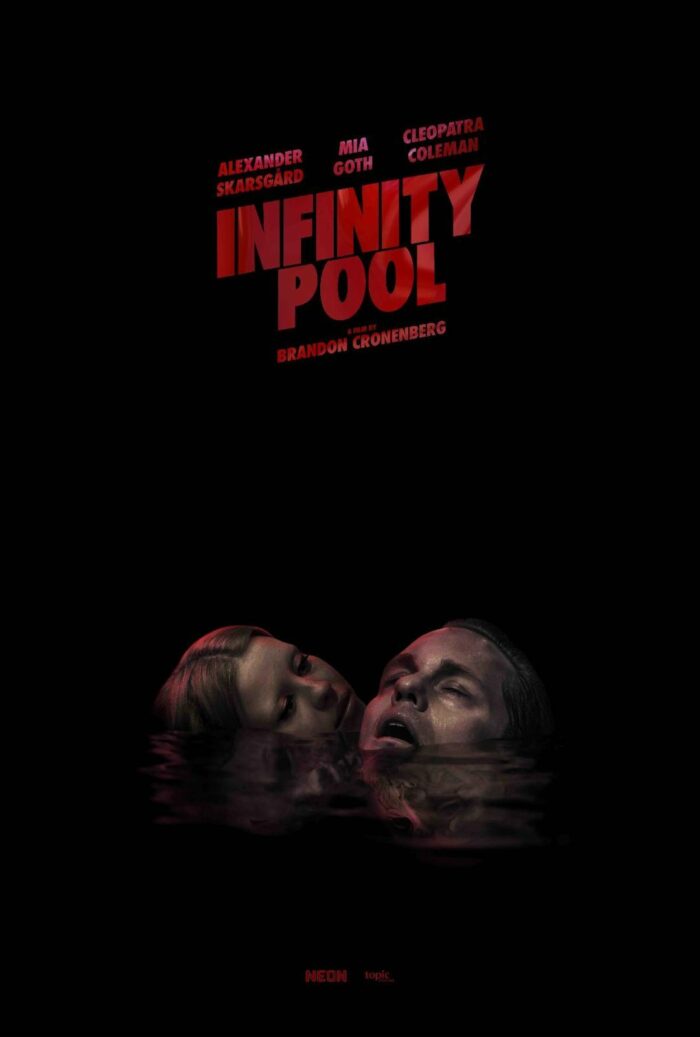 Poster for Infinity Pool shows the faces of Goth and Skarsgård protruding from murky water