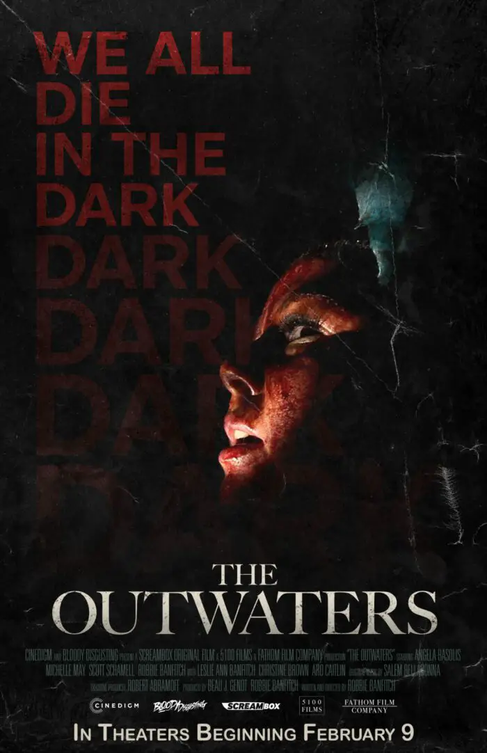 The Poster for The Outwaters shows a bloody face in the glow of a flashlight.