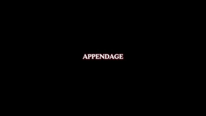 Title card for Appendage, pinkish white text spells "Appendage" overlayed on a black background
