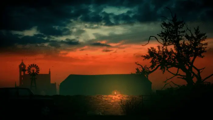 Sunset on a farm shows silhouettes of a farm, a church, and some trees against a hazy orange. Angie lies on the ground in the foreground