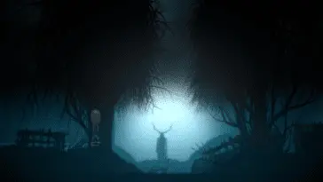 Blue lighting in a misty forest shows a mysterious figure in the background with antlers on their head
