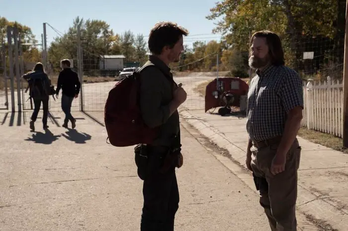 Joel and Bill talk in the foreground while Tess and Frank talk in the background in The Last of Us S1E3 "Long Long Time"