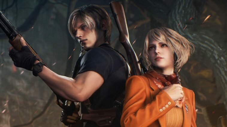 Game Informer's main image of their Resident Evil 4 remake coverage. It features Leo holding a gun and a determined looking Ashely Graham.