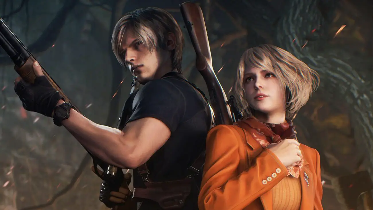 Game Informer's main image of their Resident Evil 4 remake coverage. It features Leo holding a gun and a determined looking Ashely Graham.