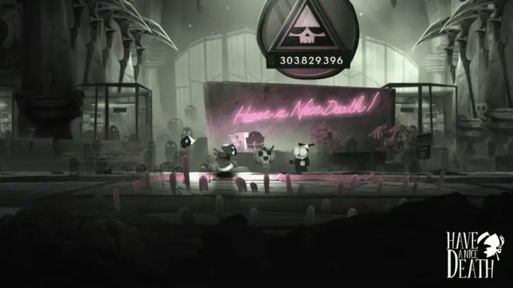 The Hall of eternity says Have a Nice Death in Neon and shows a counter of over 300 million souls serviced