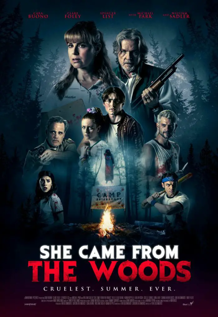 Poster for She Came from the Woods shows faces in the tree line and Agatha being summoned above a fire in the center