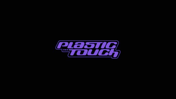 Title card for Plastic Touch, purple '70s-like text spells "Plastic Touch" overlayed on a black background