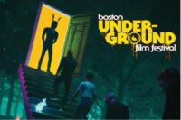 The Boston Underground Film Festival poster image shows a man in a bunny mask standing in front of a bright doorway at the top of a staircase that people are walking up out in the woods.